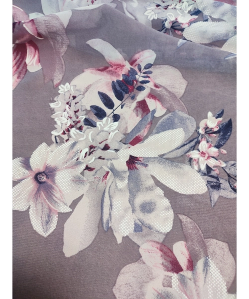 Szary szyfon cienka tkanina na sukienki - białe kwiaty amarylis